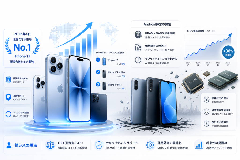 最新のiPhoneとAndroid端末が並び、背景にグラフやコストを象徴するアイコンが配置されているイメージ