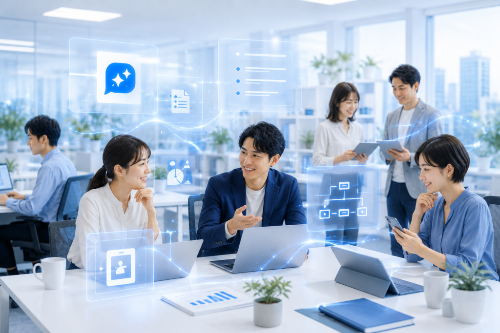 清潔感のあるオフィスで、タブレットを手に笑顔で会話するチーム。背景にはデジタルの光が優しく降り注ぎ、未来への前向きな姿勢を表現している