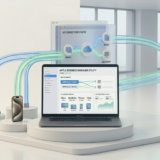 Minimalist isometric illustration of a macOS native Apple Business Manager utility application. A sleek MacBook displays fast device management dashboards, API connections, MDM assignments, and Apple device inventory panels. White clean background, Mobitech Blue accent colors, Material 3 inspired UI, futuristic but practical enterprise IT atmosphere, soft shadows, highly detailed professional illustration