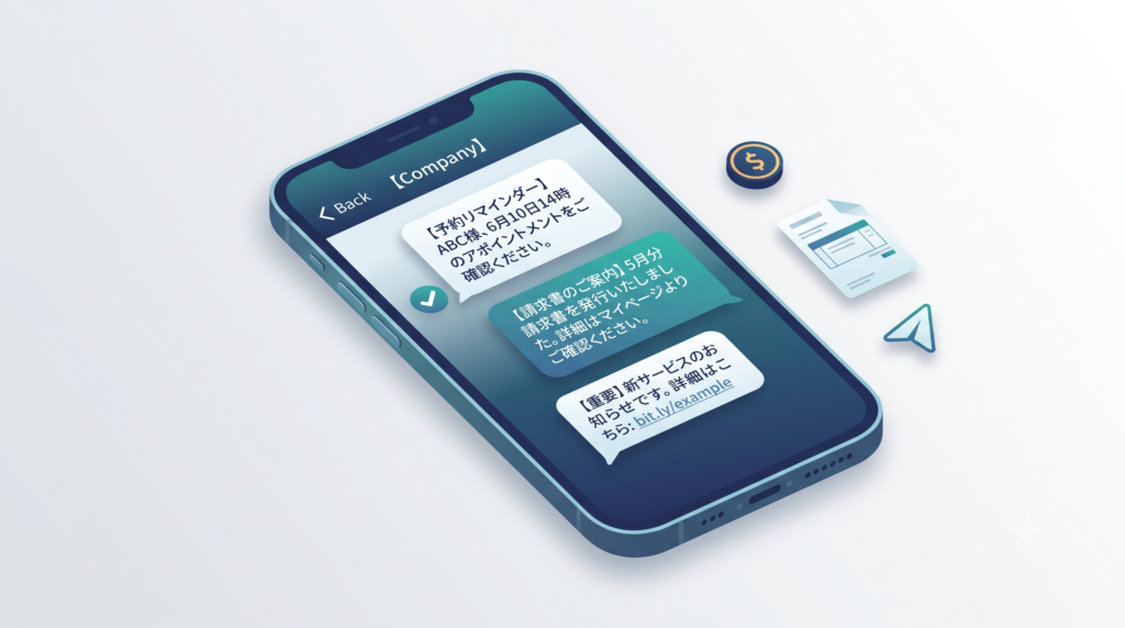 法人向けSMS送信サービスのイメージ。管理画面から宛先・本文を入力するだけで送信できる
