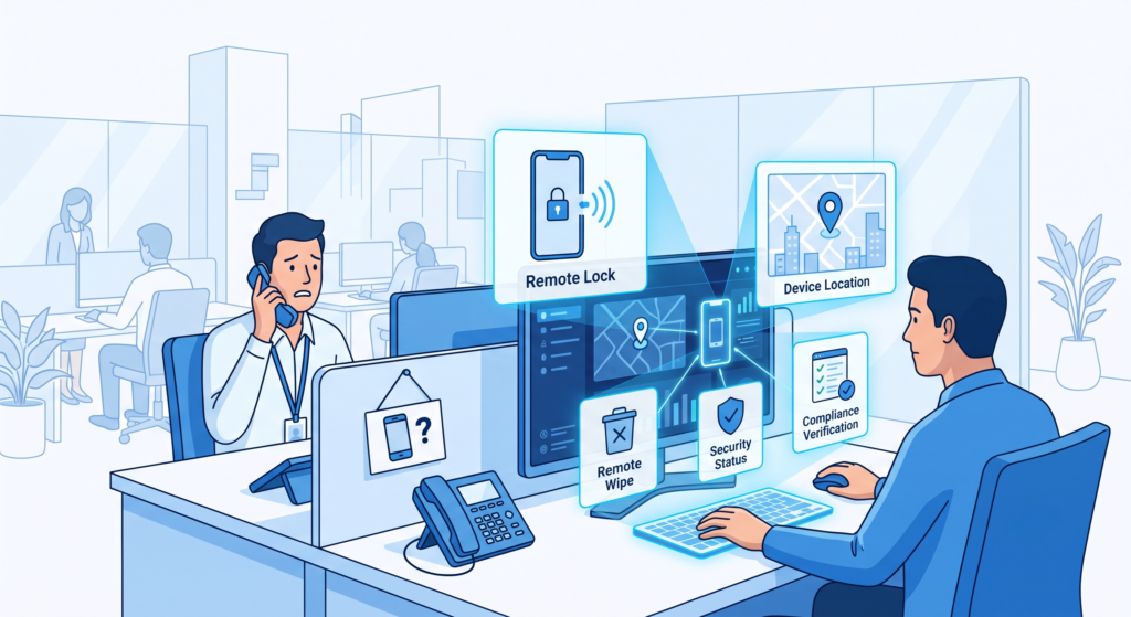 紛失時の連絡フロー（発見者→情シス→リモートロック）